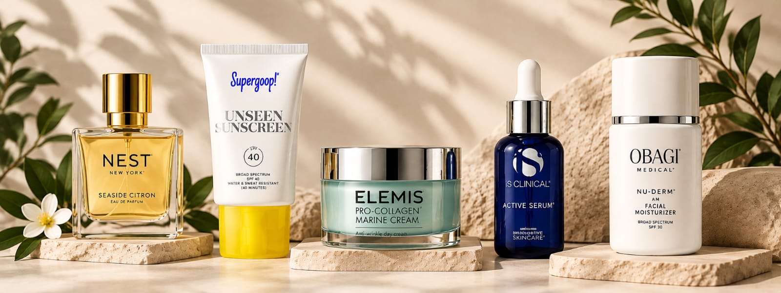 Beauty and fragrance products in a warm neutral setting